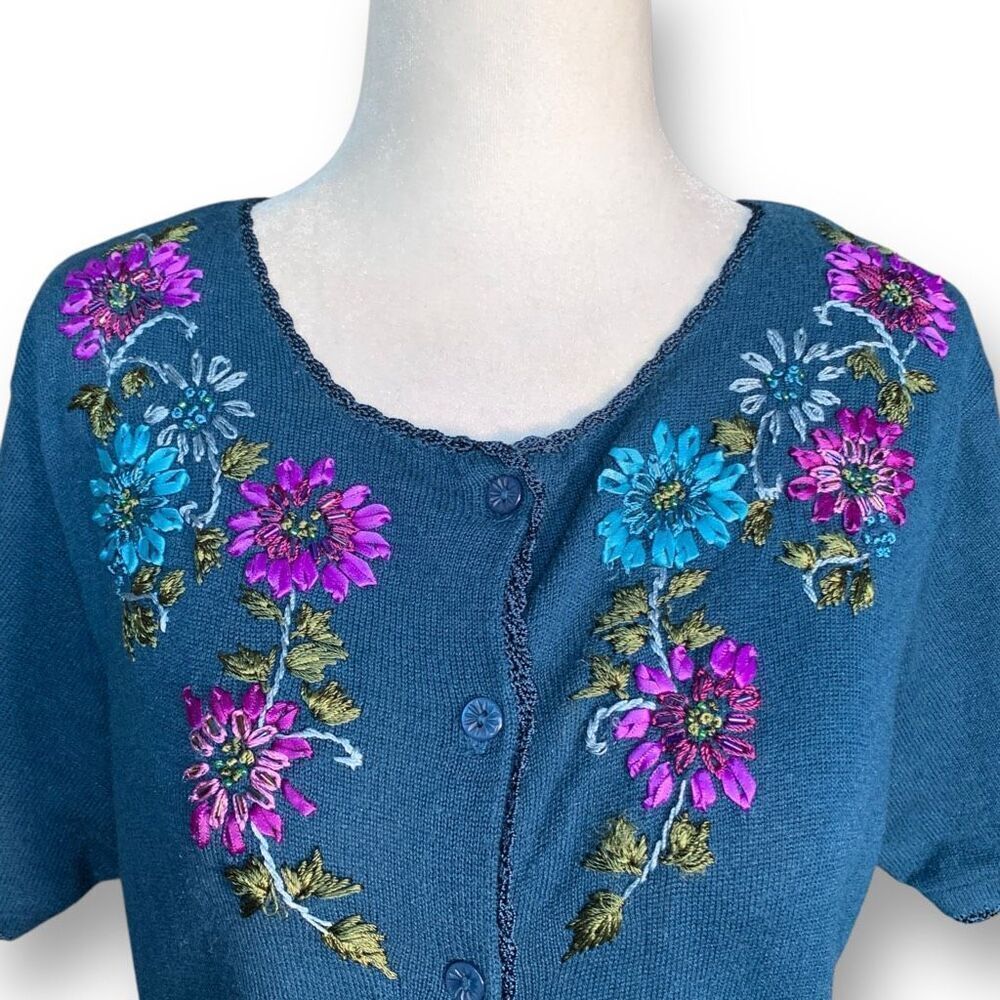 Vintage 90s Embroidered Knit Cardigan Sweater Blue Dark Purple Pattern Floral 10
